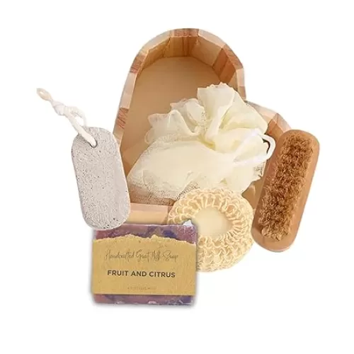 Bath Sets for Women Gift Bath Sponge, Feet Scrubber, Body Brush, Goat Milk Soap Fruit and Citrus - Perfect Gifts for Women & Mom, Bath Spa Gifts in Heart-Shaped Box, Skin Care Set