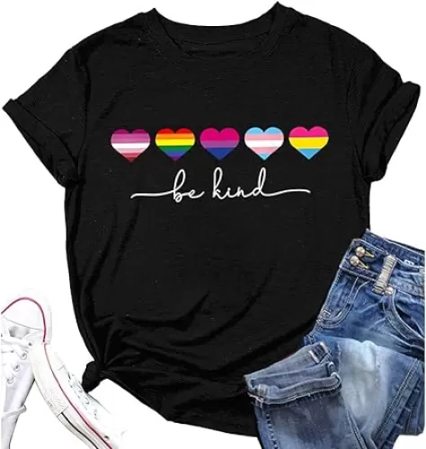 Be Kind T Shirts Women Rainbow Heart Graphic Tees Gay Pride LGBT Equality Casual Saying Positive Short Sleeve Tops Holiday