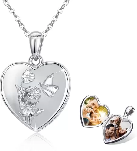 Butterfly Heart Locket Necklace That Hold 2 Photos, 925 Sterling Silver 3D Butterfly with Flowers Blooming Locket Necklace, silver, not known