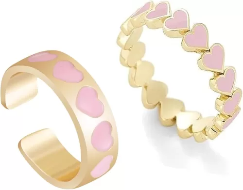 Caiyao 2 Pcs Colorful Enamel Cute Sweet Heart Plain Stackable Finger Ring Gold Band Rings Set Friendship Wedding Festival Jewelry for Women Teens