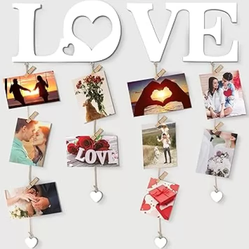 Chuangdi Valentine Picture Frames Love Hanging Photo Display Wall Decor with Clips String Picture Hanger Heart Design Decorative Organizer Display for Home Bedroom Living Room Decoration (White)