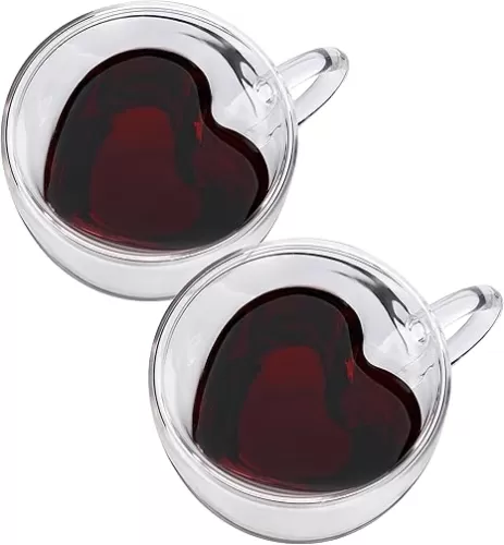 CNGLASS Mothers Day Gifts for Mom, Double Wall Heart Shaped Glass Coffee Mugs 8.5oz, Insulated Clear Tea Cups with Handle, Unique Glass Espresso Mugs for Coffee, Cappuccino, Latte, Milk, Set of 2