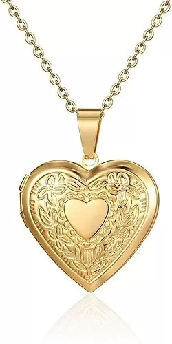 COLORFUL BLING Locket Picture Pendant Necklace, Vintage Engraved Flower Empaistic Carved Pattern Oval Round Heart Necklace