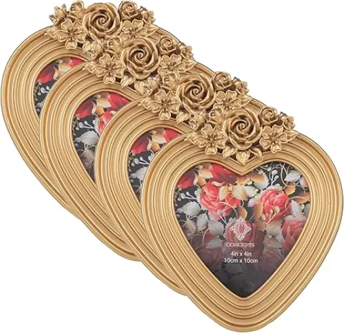 Concepts 4x4 Gold Ribbed Resin Heart Shaped Picture Frame With HD Clear Glass, Extra Durable Photo Frames -Tabletop Display