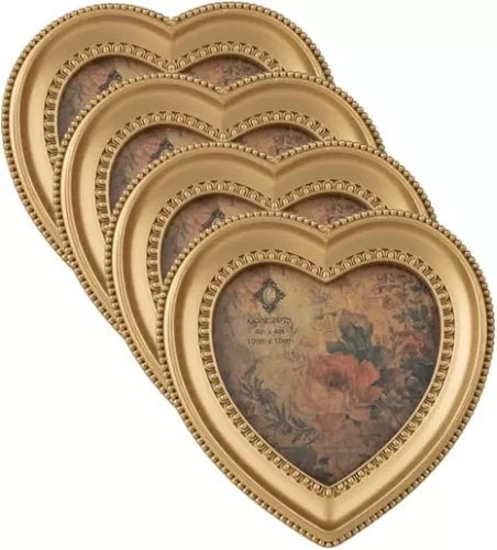 Concepts Set Of 4-4x4 Gold Double Beaded Resin Heart Shaped Picture Frame With HD Clear Glass, Extra Durable Photo Frames -Tabletop Display