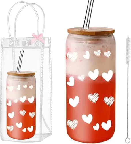Coquette Heart Glass Cup with Clear Gift Bag, 16 oz Iced Coffee Cup with Lids and Straws, Aesthetic Glass Tumbler Smoothie Cup Beer Drinking Cup for Girls/Bestfriend/Sister/Girlfriend/Mom