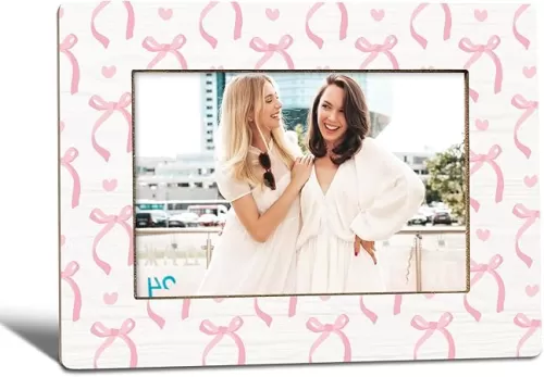 Coquette Pink Bow Hearts Picture Frame, Coquette Preppy Gifts for Women Teen Girls Best Friend Sister Photo Frame 4x6, Trendy Preppy Aesthetic Wooden Photo Picture Frames for Desk Tabletop Decor