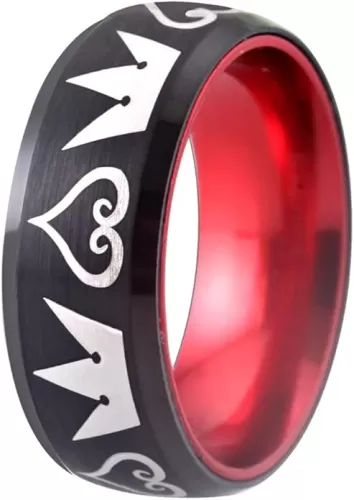 Cosplay Jewelry Kingdom Hearts & Crowns Design Ring 8mm Width Red and Black Tungsten Ring Matte Finish Beveled Edges Wedding Band-Free Customized Engraving