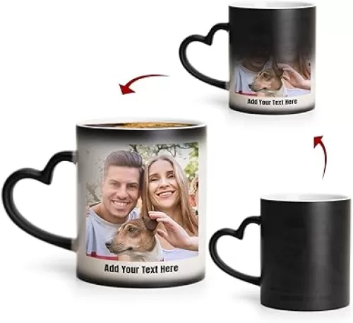 Customized Coffee Mug 10 oz, Color Changing Mugs, Personalized Cup, Heart Handle, Photos and Text on Both Sides, Unique Gift for Birthday, Family, Friends and Lover.