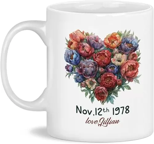 Customized Colorful Flower Heart Shaped Coffee Mug, Personalized Peony Enthusiasts Mug Gift For Him Her With Name & Date, Motivational Peony Cup Present, Floral Decoration Mug 11Oz