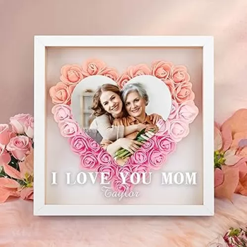 Customized Mothers Day for Mom from Daughter Son, Custom Mom Pink Heart Flower Dried Shadow Box Framed with Photo, Mothers Day, Valentines, Birthday Gifts for Mother Women Wife