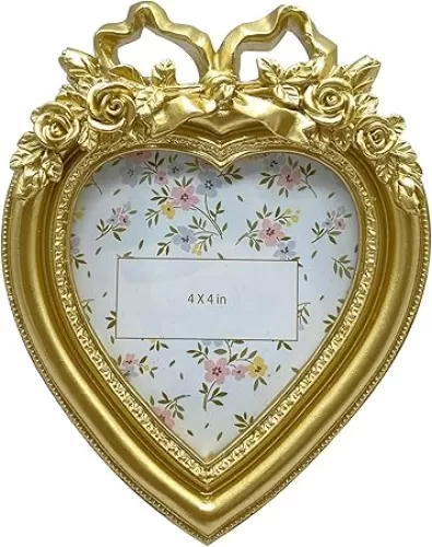 Cute Picture Frame with Heart Shape, Hand-Crafted Resin Vintage Ornate Style Picture Frames for Wall or Tabletop Display, Antique Gold 4x4 Inch Resin Photo Frame for Home Décor