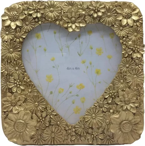 Cute Picture Frame with Heart Shape, Hand-Crafted Vintage Ornate Style Picture Frames for Wall or Tabletop Display, Antique Gold 4x4 Inch Resin Photo Frame for Office/Home Décor