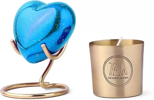 Decorative Blue Speckled Heart Keepsake with Gold Stand, Blue Galaxy Design, Heart Urns with Scented Candle for Human Remains Ashes