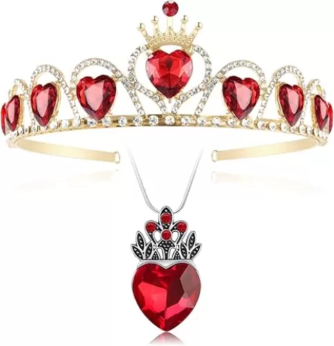 Descendant Gold Tiara Red Heart Crown and Necklace Rise of Red Jewelry Set Queen of Hearts Evie Costume Fan Jewelry Gift for Girls Teen Party