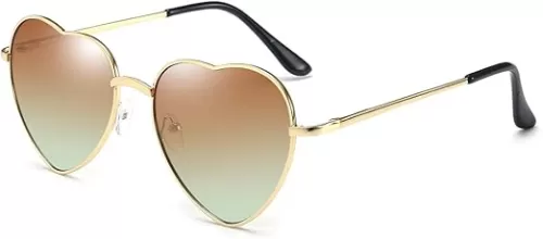 Dollger Heart Sunglasses for Women Cute Mirrored Sunglasses Gold Metal Love Frame Heart Shaped Glasses Brown Lens Rave Festival Glasses