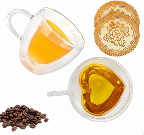 Double Wall Heart Shaped Coffee Mugs Set of 2, Espresso Glass Cups with Handle, for Coffee, Latte, Tea, Wine cup, Party, Gifts, 8oz/240Ml (with Exquisite Coasters)
