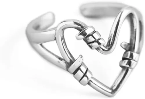 Dtja Unique Heart 925 Sterling Silver Ring for Women Vintage Statement Engagement Promise Expandable Open Finger Ring Adjustable Wedding Jewelry Birthday Anniversary Valentine Gifts for Her