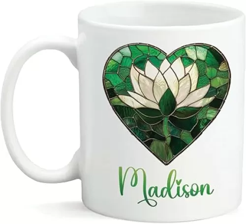 Elegant Botanical Themed Mug, Heart Shaped Stained Glass Lotus Cup, Custom Name White Mug, Personalized Floral Ceramic Cup 11oz 15oz, Customized Nature Mug, Lotus Lovers Coffee Cup
