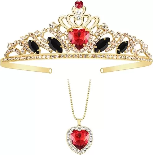 Evie Descendants 4 Crown & Red Heart Necklace Gold Tiara Jewelry Set Queen of Hearts Evie for Teen Halloween