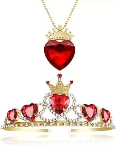Evie Queen of Hearts Necklace Crown Descendants Costume Fan Jewelry Evie Red Heart Gold Crown for Teens Halloween Parties