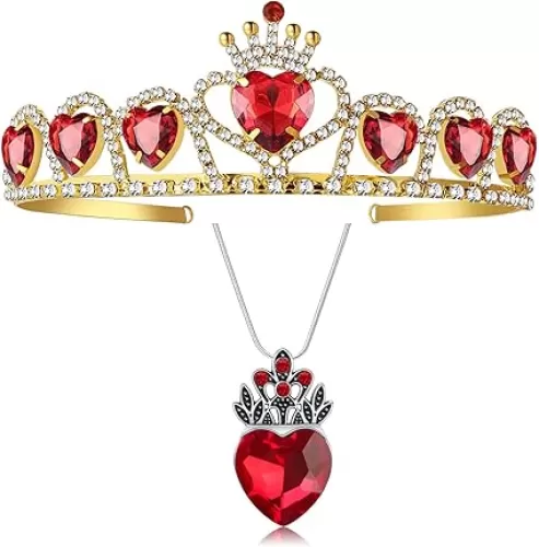 Evie Red Heart Tiara and Necklace Descendants 3, Gold Crown Jewelry Set Queen of Hearts Eive Costume for Girls Teens Halloween Parties