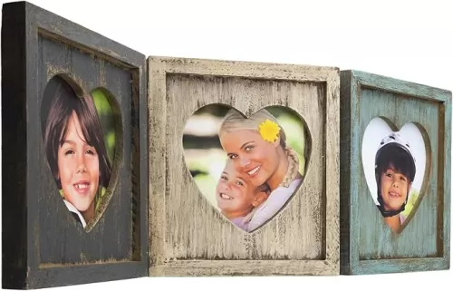 EXCELLO GLOBAL PRODUCTS Rustic Heart Shaped Photo Collage: Holds 3 Pictures, Folding Hinge, Shabby Chic, Distressed Wood, for Table Top or Wall Display. Holds Triple 5.25" x 5.25" Pictures