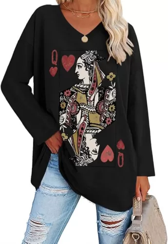 Fazortev Womens Oversized Long Sleeve Queen Of Hearts Graphic T Shirts V Neck Casual Loose Fit Tees Tunic Tops