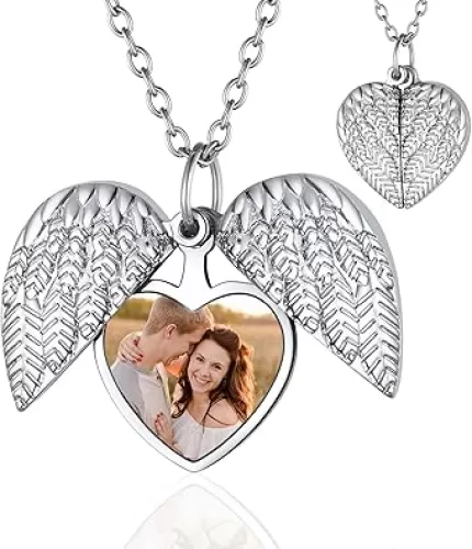 FindChic Personalized Heart Photo Angel Wings Locket Necklace Sterling Silver/Stainless Steel/18K Gold Plated Dainty Custom Full Color Picture Pendant Memorial Jewelry Gift for Girls Family + Gift Box