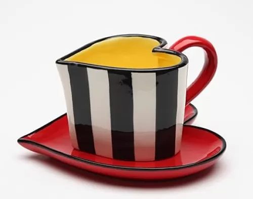 Fine Ceramic Black & White Striped and Red Heart Shape Cup & Saucer Set, 4-1/2" L