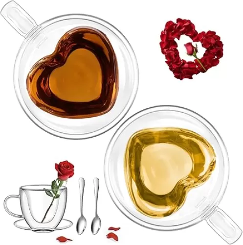 glastal Espresso Cup 5oz Double Walled Glass Coffee Mugs Tea Cups with Handle Saucer Set of 2 Heart Shaped Milk Juice Cups Drinking Glasses Mother's Day Gifts for Mom Birthday Gifts for Wife Grandma