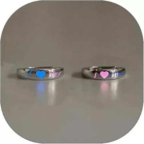 Glowing Heart Ring Pink Blue Heart Couple Ring Funny Dark Luminous Ring Valentine