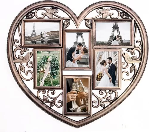 Gold Wall Large Hanging Heart Shape Collage Picture Frame 6 Opening 4" x 6"
