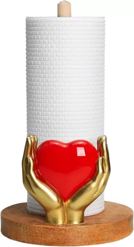 Golden Hands Holding Red Heart Paper Towel Holder Stand, Resin Heart Crafts Display for Kitchen Countertop, Valentine Day, Cafe Western Restaurant Cake Shop Dessert Shop