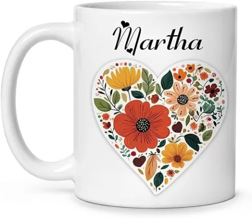 Great Customized Floral Heart Coffee Mug, Gift For Valentine, Personalized Flower Cup With Heart Shape Design, White Mug, Custom Name Mother's Day Ceramic Cup, Flower Mug 11oz 15oz