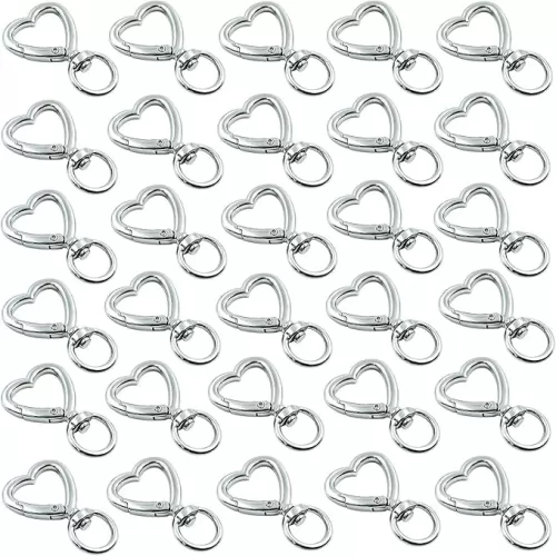 HAN SHENG 30 Pcs Metal Heart Shape Keychain DIY Creative Design Hanging Buckle Key Ring Spring Snap Keychain Clip Hanging Buckle Key Chains Accessories (Silver)