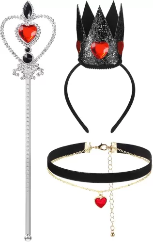 Haysandy 3 Pcs Red Gem Women Halloween Queen Costume Accessories, Girls Cosplay Heart Crown Necklace Scepter Wand