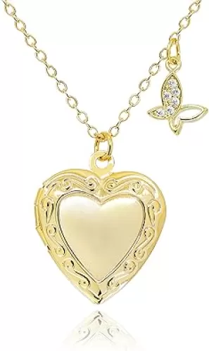 Heart Locket and Butterfly Pendant Necklace for Women Girls • 14K Gold Plated Photo Lockets that Hold Picture Jewelry • Mothers Day Love Gifts Ideas [HN-LK]