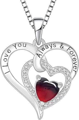 Heart Necklace for Women 925 Sterling Silver January Birthstone 3A CZ Engraved with I Love You Always & Forever Pendant Necklace Jewelry s for Mom Wife