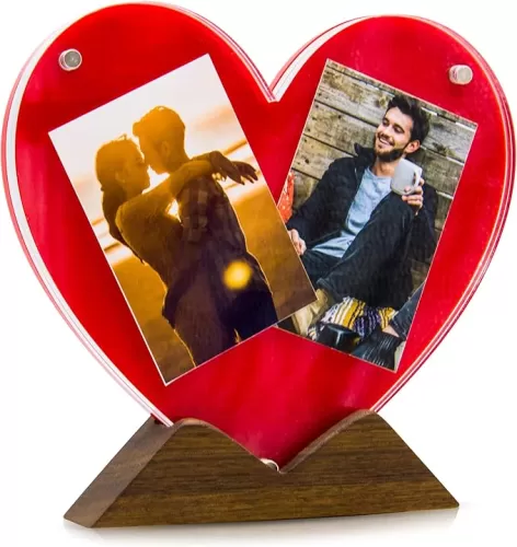 Heart Shaped Magnetic Photo Frame with Wooden Stand, Gift Box | Acrylic Picture Frame Set | Customize each Layer with Letters, Love Stickers, White Marker | Romantic Couple Frame for Instax Mini 2x3
