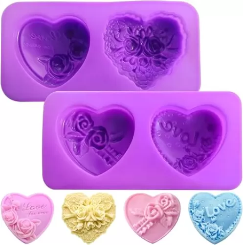 Heart Shaped Soap Molds with Rose Design, 2 Pack Silicone Molds for Soap Making, Love Pattern Handmade Soap Molds, Valentine