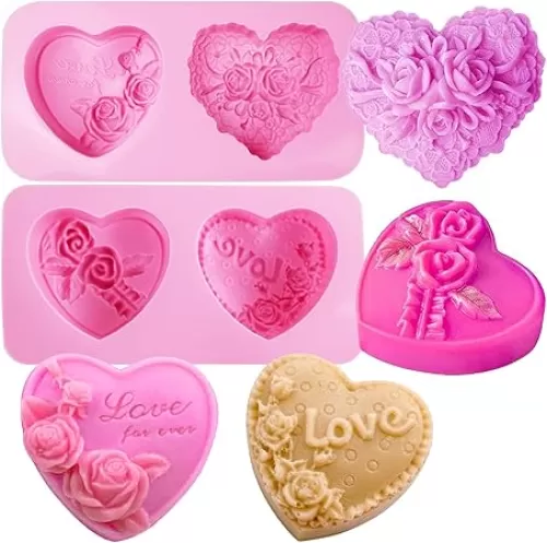 Heart Silicone Molds, AITRAI 4 Types 3D Flower Heart Chocolate Molds Soap Molds for Soap Making Cake Candle Wedding Candy Mold Gift for Love Birthday