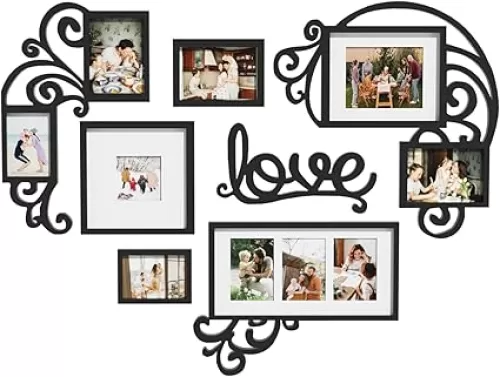 HELLO LAURA-Picture Frame Collage Large Wall Hanging Photo Frames Elegant Heart Collage Frame Gifts for Family Friends 4x6 inch Home Wall Decor Gallery Display (Black -Heart Shape)