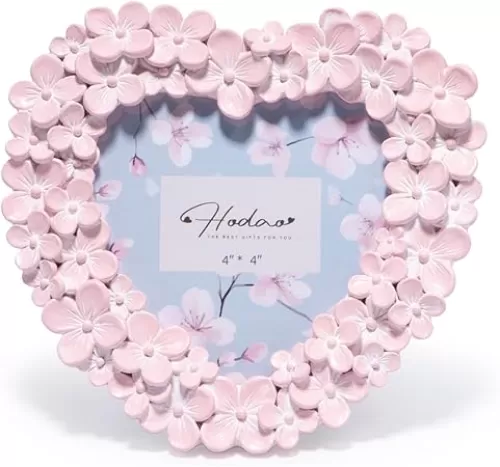 Hodao 4x4 Inch Heart Shaped Photo Frame - 3D Floral Decor Design Picture Frame for Home Decor, Wedding, Valentine’s Day & Photo Display (pink- Heart Shaped)