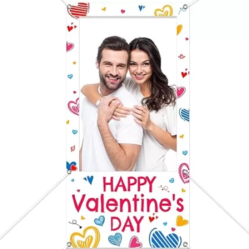 HOWAF Happy Valentine’s Photo Booth Props Banner, Pink Heart Valentines Photo Frame Backdrop Banner for Valentines Party Decor, Valentine’s Photo Door Banner for Couple Photo Supplies