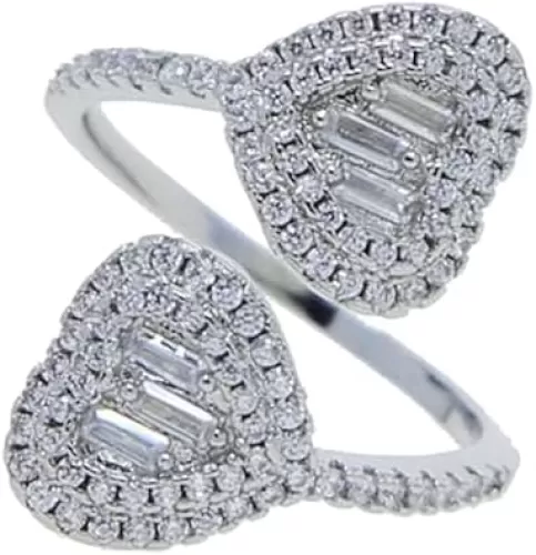 Iced Out Bling Women Jewelry 5A Cubic Zirconia CZ Open Adjusted Double Heart Shaped Finger Ring 3 Color