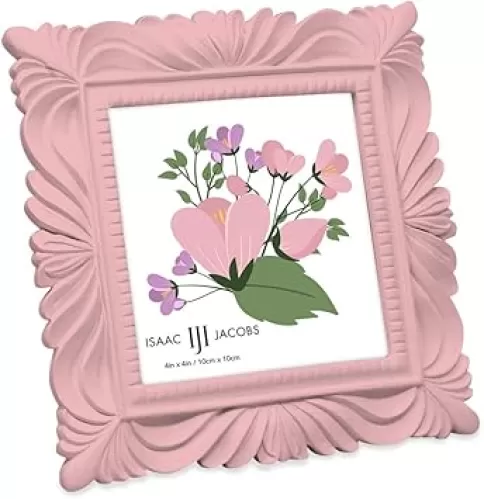 Isaac Jacobs 4x4 Pink Wave Textured Hand-Crafted Resin Picture Frame with Easel & Hook for Tabletop & Wall Display, Decorative Swirl Design Home Décor, Photo Gallery, Art, More (4x4, Pink)