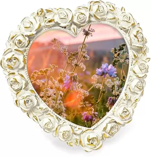 Isaac Jacobs 5x5 White with Gold Heart Shaped Rose Border Resin Frame, Photo Tabletop & Wall Display Hanging Display & Home Décor (5x5, White with Gold)