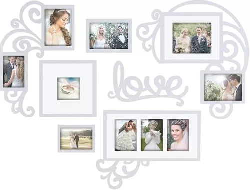 Jerry & Maggie - Photo Frame | Plaque College Frame - Valentine Wall Decoration Combination - White PVC Picture Frame Selfie Gallery Collage W Wall Hanging Mounting Design | Love Heart Shape