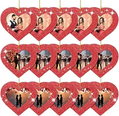 Jetec 15 Pieces Valentine s Day Magnetic Photo Frames Heart Shape Glitter Picture Frame Hanging Ornaments with 13.12 Feet Gold Thread for Valentine Decor Home Wedding Holiday Party Supplies